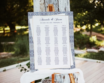 May include: A white wedding seating chart with blue and gold accents. The chart lists tables and guest names for a wedding reception. The chart is displayed on a wooden easel.