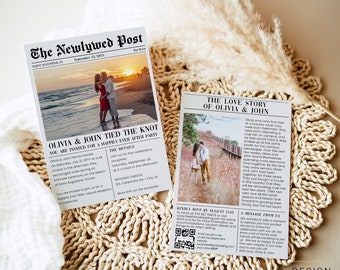 Newspaper Elopement Announcement Template, Unique Wedding Announcement with Photo, Eloped, Just Married, News Editable Corjl Design