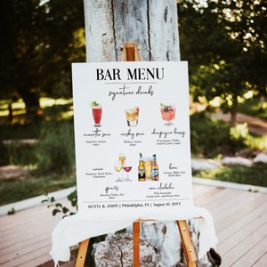 Open Bar Matrimonio, poster con menu delle bevande alcoliche e analcoliche con illustrazioni acquerello, template