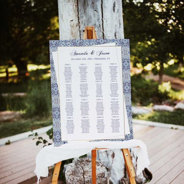 Blue Tiles Seating Chart Template, Azulejos Tableau de Mariage printable, DIY editable seating accomodation sign, instant download #BTL