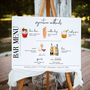 Open Bar Matrimonio, poster con menu delle bevande alcoliche e analcoliche con illustrazioni acquerello, template
