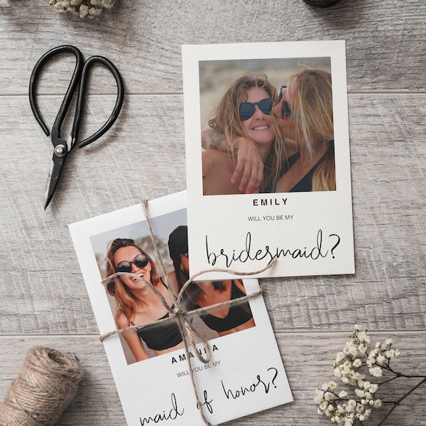 Minimal Bridesmaid Proposal Card template with photo, Maid of Honor proposal printable card, matron of honor photo question PDF