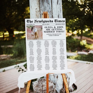 Newspaper Wedding Seating chart template, Unique Tableau de Mariage in a news paper style, personalized with your photo, editable template