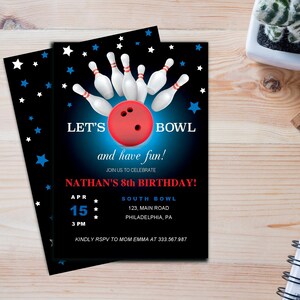 Invito Festa di compleanno al bowling, idea compleanno teenager, ragazzo compleanno invito, da stampare, PDF editabile