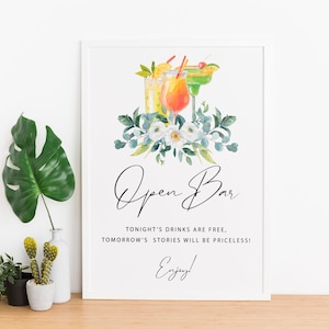 Decorazione per Open Bar con cocktails acquerello e motivo floreale da stampare, JPG