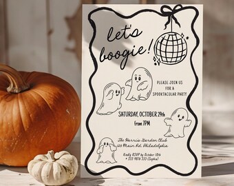 Halloween Invitation Adult, Disco halloween invite, Let's boogie Dance Party, Handwritten hand drawn Groovy Ghost Halloween party  AA085
