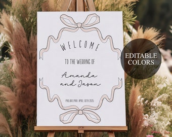 Bow Wedding Welcome Sign template, whimsical ribbon welcome sign, hand written Reception poster large, hand illustrated bow, printable AA048