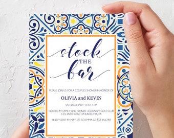 Stock the Bar invitation Printable, Portuguese tiles Couple Shower invite template, editable PDF #ptl