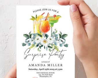 Summer Cocktails Surprise Party invitation template, Floral Birthday surprise Party invite printable, editable PDF
