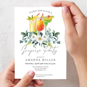 Invito Compleanno a sorpresa con fiori e cocktail estivi, template da editare e stampare PDF