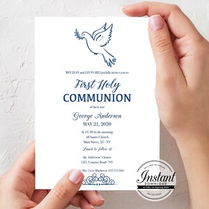 Dove First Communion Invitation Printable, Blue Communion Invite, digital download template, PDF