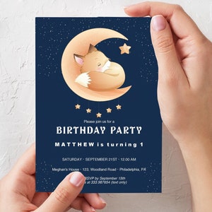 Invito compleanno per bambino con tenera volpe sulla luna, editabile e da stampare, PDF