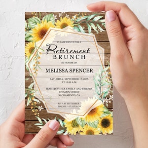 Invito festa di pensionamento con girasoli, disponibile anche in italiano su richiesta, template con testo modificabile