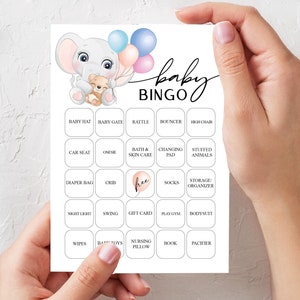 Bingo per Baby Shower con tenero elefantino, da stampare JPG