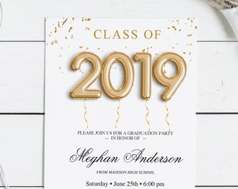 Gold Balloon Font Graduation Party invitation printable, instant download editable PDF, balloon text elegant classy grad party invite