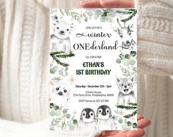 Winter Onederland arctic animals 1st Birthday Invitation Template, Kids Gender neutral cute animals winter birthday invitation printable