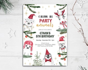 Party Animals Christmas Invitation template, December Birthday Party Invitation, editable winter animals party