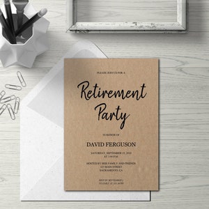 Invito festa di pensionamento su carta kraft semplice e moderno, disponibile anche in italiano su richiesta, template con testo modificabile