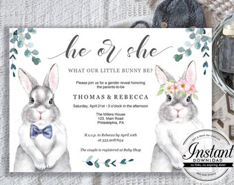 Gender Reveal Invitation, Baby Bunny Gender Reveal Invite printable, He or She Rabbit, Digital Download PDF