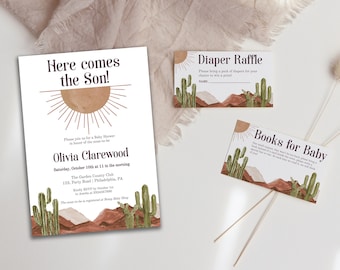 Baby Shower Here comes the son invitation set template, Sun themed, Sesert and Cactus, Thank You Card, Diaper Raffle, Books For Baby, AA025