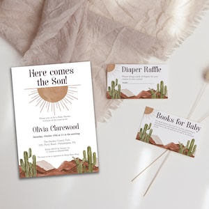 Baby Shower Here comes the son invitation set template, Sun themed, Sesert and Cactus, Thank You Card, Diaper Raffle, Books For Baby, AA025