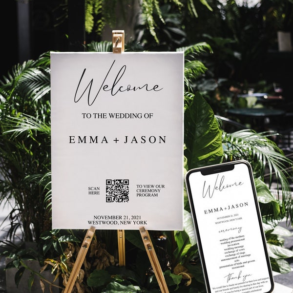 Wedding Welcome sign and matching Program template with scannable QR code, Scannable QR Code Sign, Wedding Program Digital, PDF