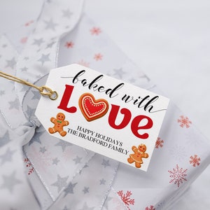 Etichette personalizzate per biscotti di Natale da regalare, Baked with love, editabile con biscotto natalizio, PDF