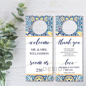 Idea benvenuto invitato matrimonio, targette porta albergo con messaggio di benvenuto da stampare #PTL