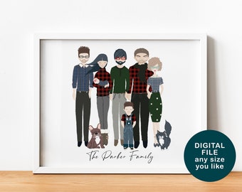 Personalised Family Portrait, Custom family illustration digital file, couple portrait, printable file