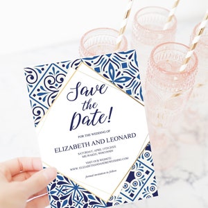 Save the date per matrimonio, invito con bellissime piatrelle blu e edettagli oro, template da editare e stampare, PDF