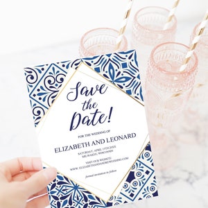 Blue tiles and gold elegant Save the Date invitation, Digital download wedding announcement template PDF