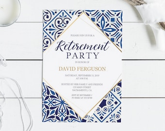 Ruhestandsparty Einladung blaue Fliesen und goldener geometrischer Rahmen, Ruhestandsparty Einladung Vorlage, sofortiger Download bearbeitbarer Text DIY, PDF