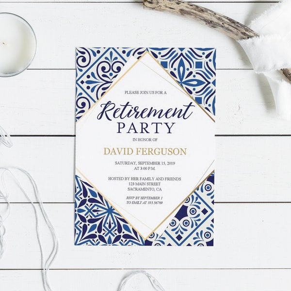 Retirement party invitation blue tiles and gold geometric frame, Retirement Party invite template, instant download editable text DIY, PDF