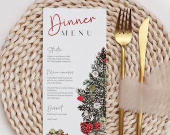Christmas Menu Card Template, Editable Red Green Holiday Card, Christmas Tree Menu, Instant Download Printable Menu Christmas Corjl AA034