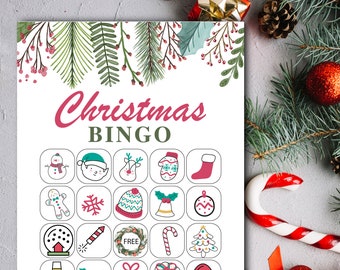 Christmas Bingo Cards printable, 20 Illustrated Christmas bingo instant download, Holiday Bingo game for Christmas party, fun games PDF