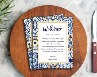 Welcome letter printable, welcome bag tag, portuguese tiles blue and orange, editable template PDF #ptl