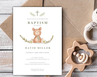 Baptism Bear invitation printable, gender neutral Baptism invite template, Bear Baptism invite editable digital download PDF