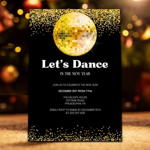 Invito Festa di Capodanno Dico Party da stampare, invito editabile con palla disco oro e glitter, capodanno 2022 2023