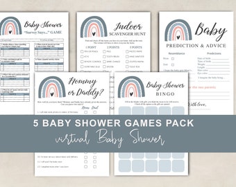 Virtual Baby Shower Games Bundle, Boho Rainbow baby shower fun, printable fillable games pack #RNB