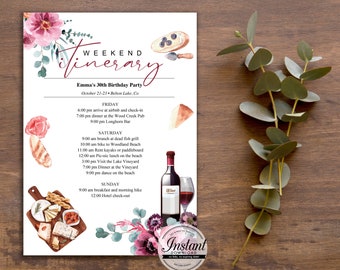 Wine and cheese weekend itinerary printable,  Wine Tasting Weekend for bachelorette or birthday party, Editable Printable, edit with Corjl