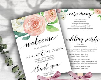 Fan del programa de bodas florales, plantilla de fan del programa Blush Roses, programa Blushing Blooms imprimible, texto editable de descarga instantánea #FGG PDF