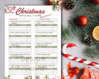 May include: A printable Christmas game called "Survey Says" with a festive green and red design. The game includes 10 questions with spaces for players to write their answers and points.