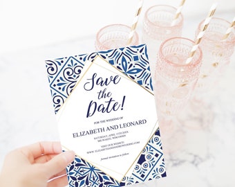 Blue tiles and gold elegant Save the Date invitation, Digital download wedding announcement template PDF