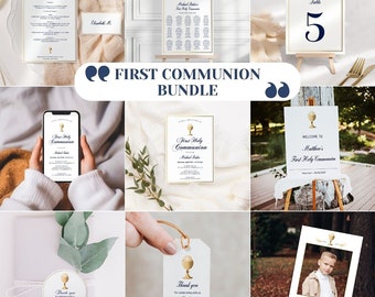 First Communion BUNDLE, Editable Templates, Gold chalice, invitation, decor, favor tags, elegant boy communion, girl communion  AA01