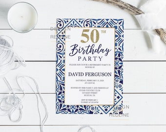 50 Birthday Party invitation template, Gold and blue tiles 50th birthday Celebration for Man invite printable, instant download PDF