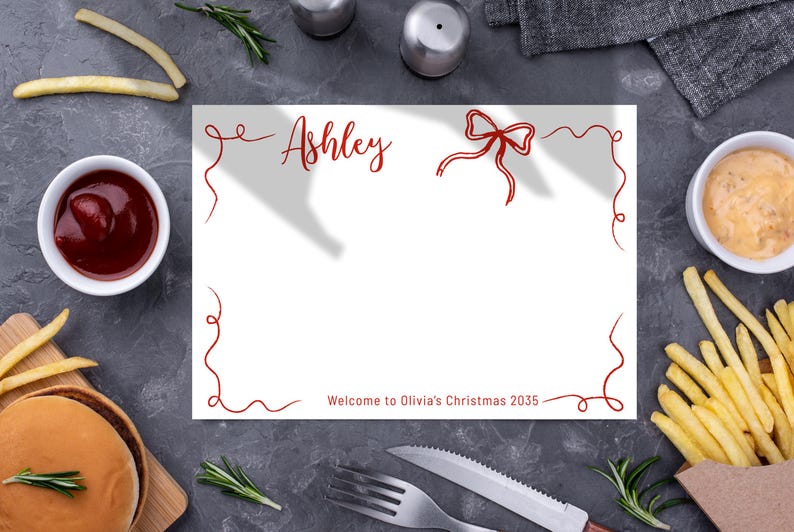 May include: A white invitation card with red decorative elements, the name "Ashley" in cursive, and a bow illustration. The text "Welcome to Olivia's Christmas 2035" is also present. The image includes food items like fries, ketchup, and a burger.