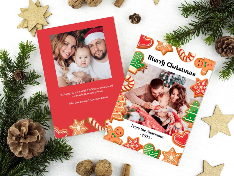 May include: A red and white Christmas card with a family photo and gingerbread cookies. The card reads "Wishing you a wonderful holiday season and all the best in the coming year! With love Leonard, Matt and Emma" and "Merry Christmas From the Andersons -2025-."