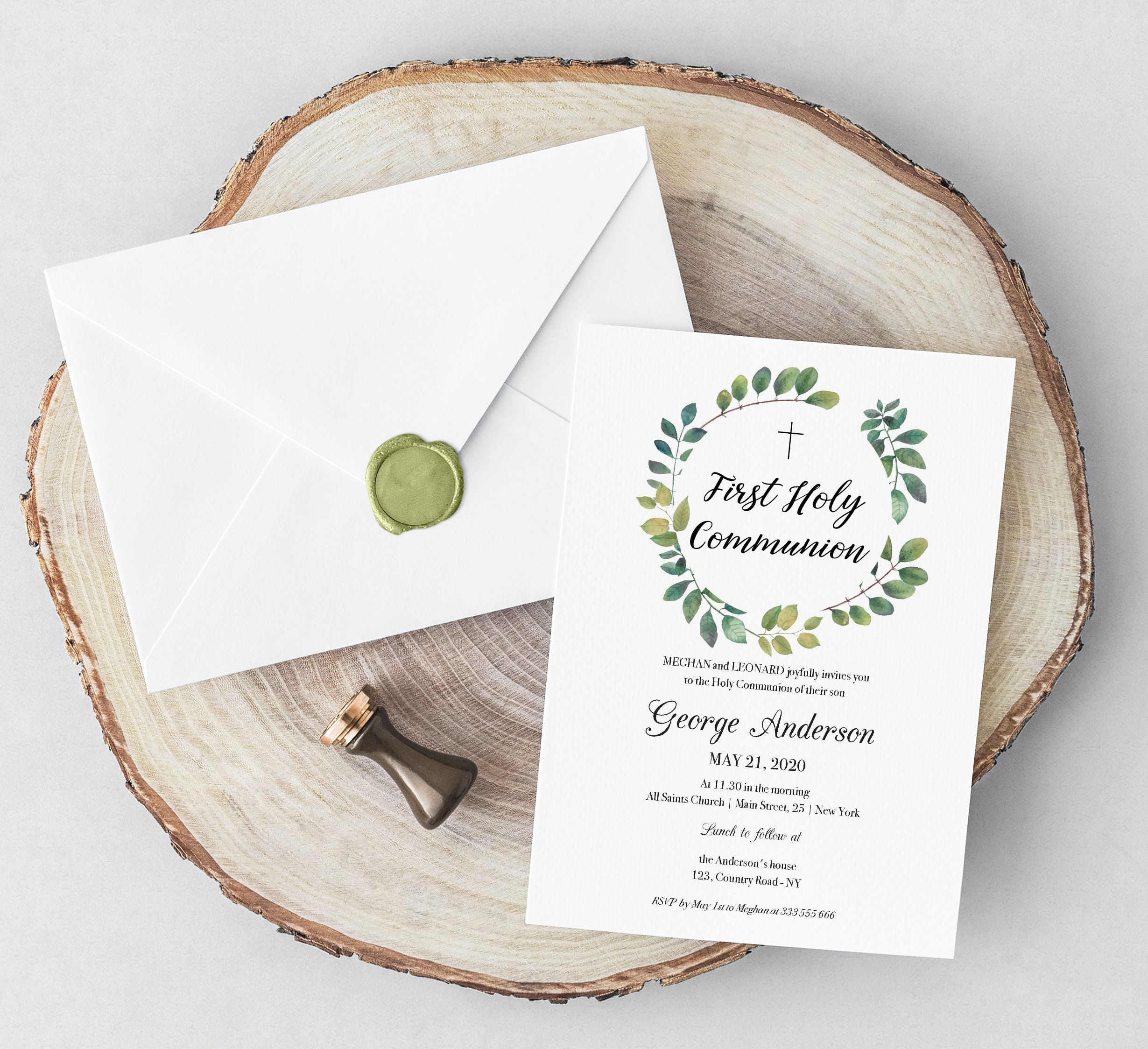 First Communion invitation, Holy Communion printable invitation card, Greenery Communion invite