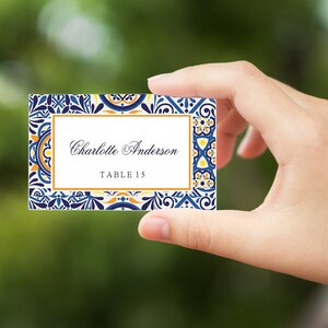 Mediterranean tiles Place Cards template, Flat Escort Cards template, Portuguese Tiles Guest Name Card printable  #PTL