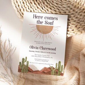 Baby Shower con stile boho con cactus e deserto, her comes the son, tema sole, da stampare, editabile con Corjl